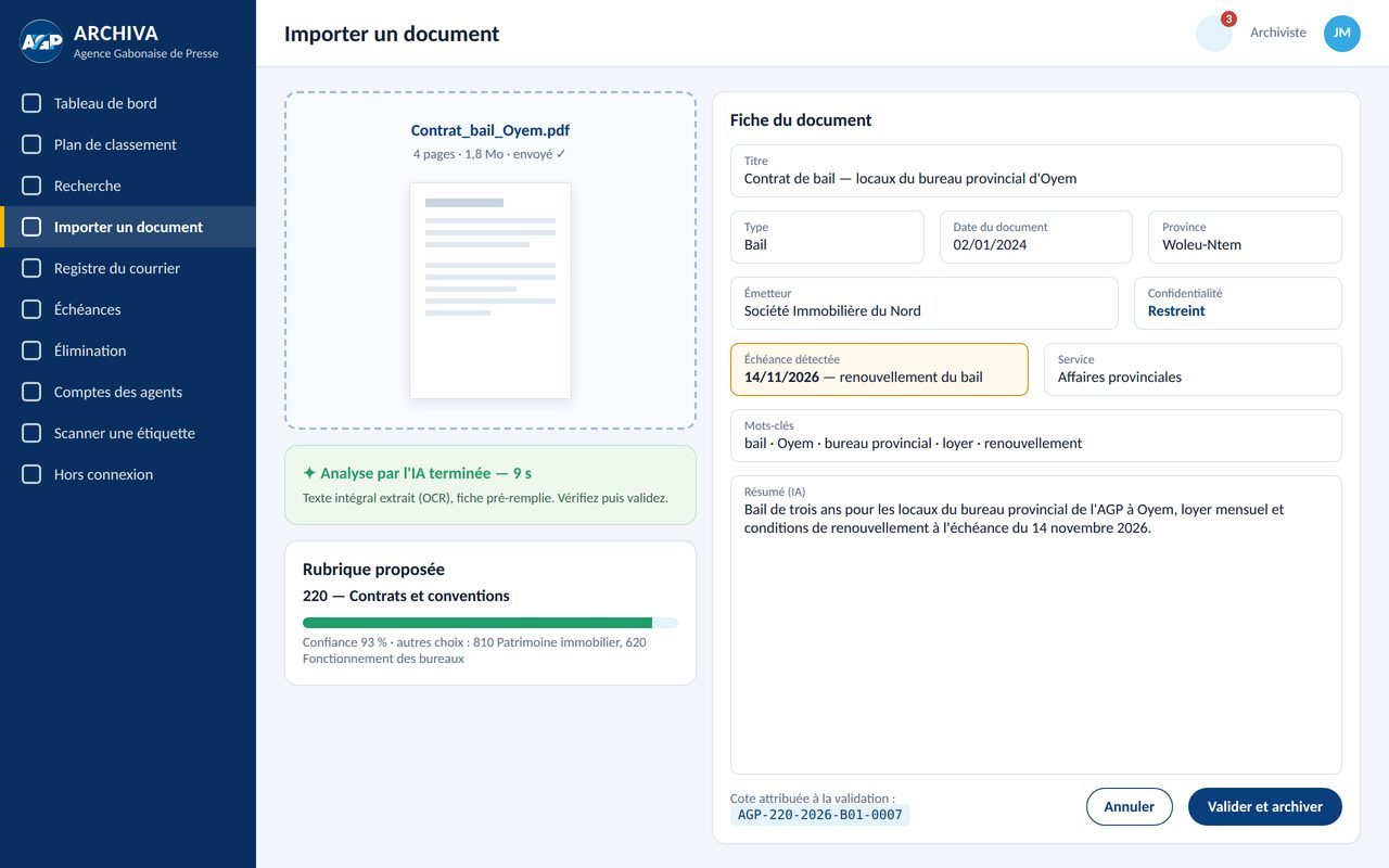 Écran d'import d'un document : l'IA propose la rubrique et remplit la fiche